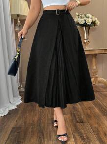 Auvina Plus Size Women Solid Color Pleated A-Line Office Elegant Long Skirt