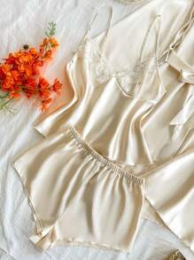 SilkySpell 4pcs Set: Embroidery Lace V-Neck Faux Silk Camisole Nightgown + Camisole Top + Shorts + Bathrobe Silk Pajama Set Women Satin Sleepwear Set Silk Sleepwear Women Silk Robe Set Lace Trim Satin Pajama Set, Fall Clothes