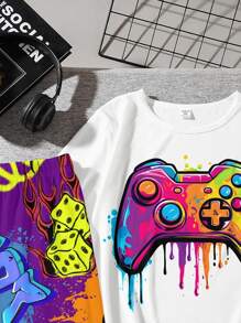 SHEIN Lässiges Und Einfaches Set Aus Kurzärmligem T-shirt Und Shorts Mit Spielkonsolen-muster Für Tween-Jungen, Geeignet Für Den Sommer