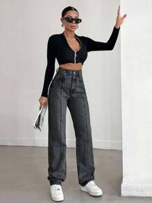 EURMUSE 100%Cotton Solid Color Straight Leg Jeans - Dark Grey - View 3