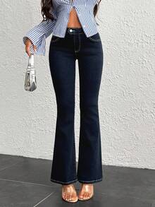 EURMUSE Jeans casuais de rua para mulher, jeans flare, jeans bootcut, jeans de perna larga, jeans de perna flare, jeans bootcut para mulher - Lavagem escura - Ver 3