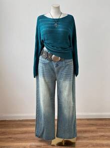 Sweetra Suéter de punto calado de color azul menta estilo Y2K/bohemio para mujer de talla grande, adecuado para vacaciones, apto para todas las estaciones de otoño e invierno