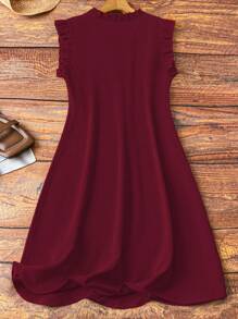 SHEIN LUNE CURVE 大码女式无袖 V 领连衣裙，袖口和衣领处有荷叶边，休闲舒适，适合日常通勤 - 酒紅色 - 查看 2