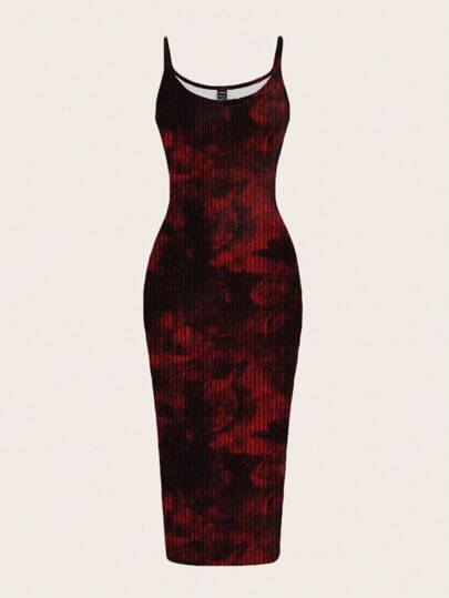 SHEIN EZwear 休闲简约黑红街头扎染印花图案紧身吊带长裙，适合夏季