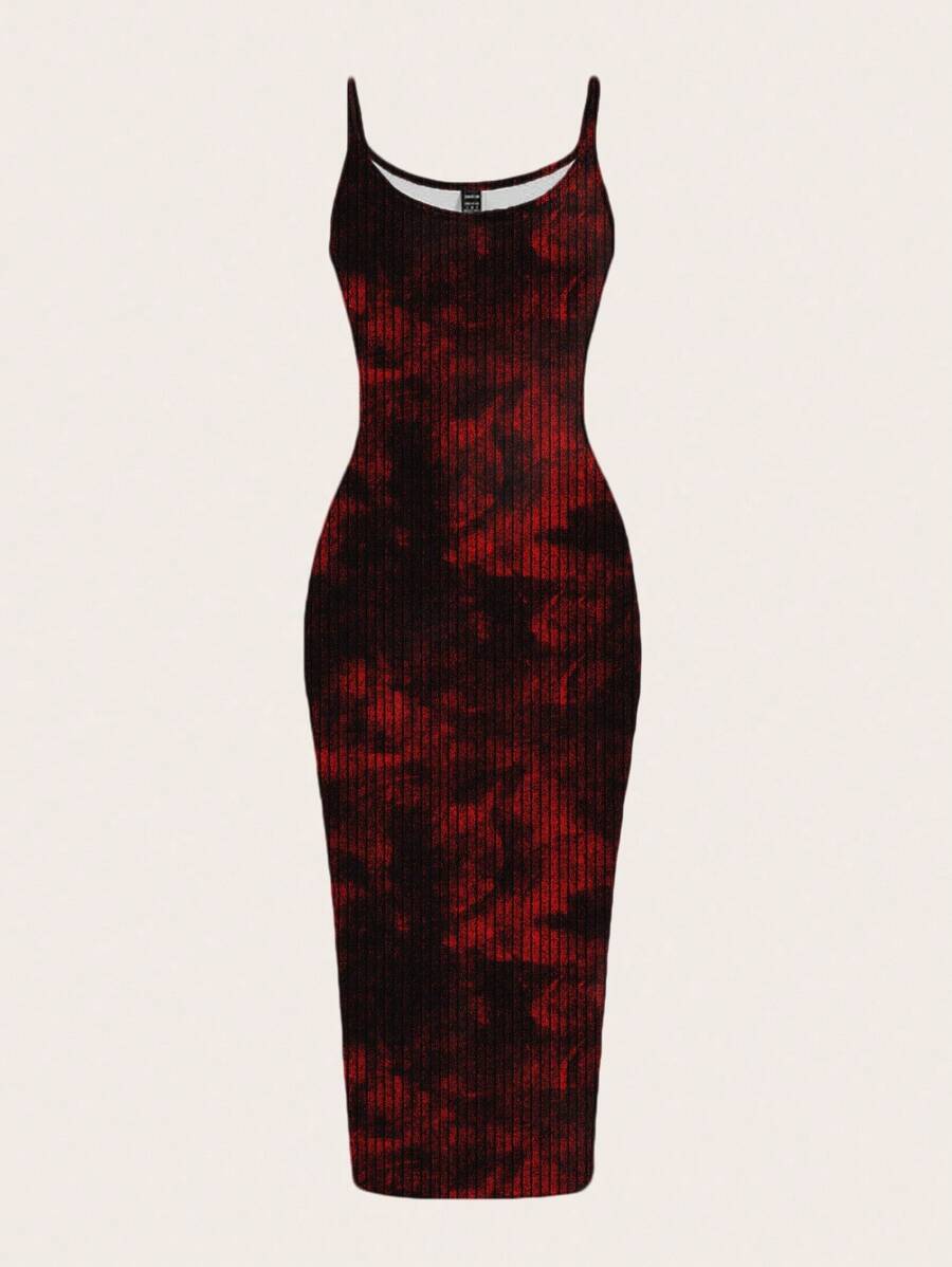 SHEIN EZwear 休闲简约黑红街头扎染印花图案紧身吊带长裙，适合夏季