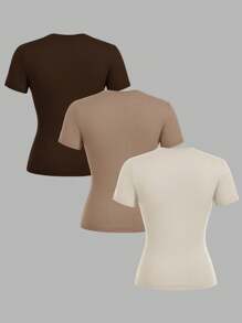 SHEIN EZwear 3件套女士休闲紧身长袖圆领T恤套装，颜色：深棕色、卡其色、浅杏色，适合夏季