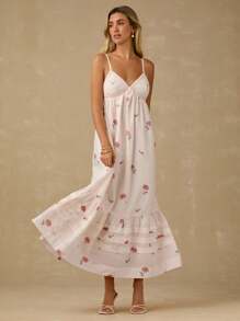 Enchnt Vestido Longo Floral Romântico Feminino para Primavera/Verão em Apricot, com Renda no Busto, Alças Finas, Babados na Barra e Costas Abertas, Doce e Elegante para Férias, Encontros, Feriados, Festas, Formatura, Convidados de Casamento e Praia, Vestido de Formatura, Vestidos de Verão Femininos, Vestidos de Verão, Roupas de Verão, Vestidos Elegantes para Festa - Multicolorido - Visão 5