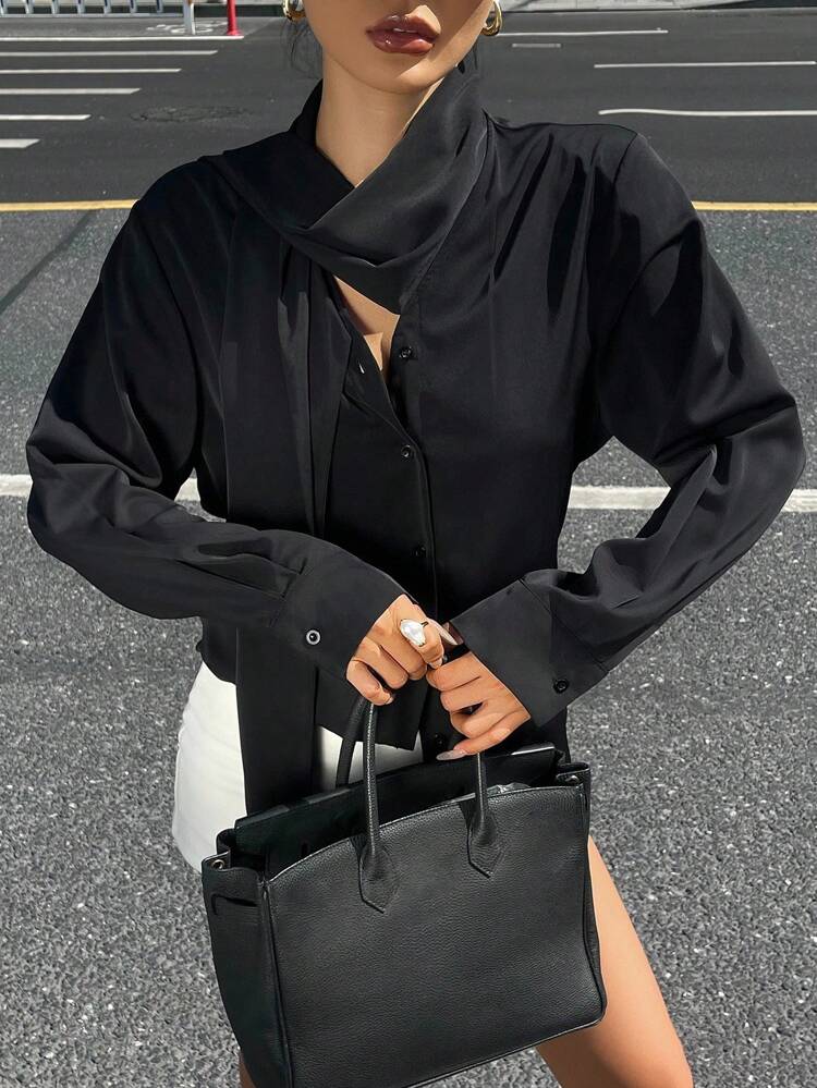 Women's Solid Color Long Sleeve Flare Design Single-Breasted Elegant Shirt