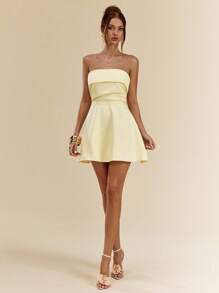 SHEIN BAE 春夏纯黄色奶油色露肩褶饰紧身迷你连衣裙，优雅女士鸡尾酒会礼服，适合早餐、早午餐、外出 - 黃色 - 查看 6