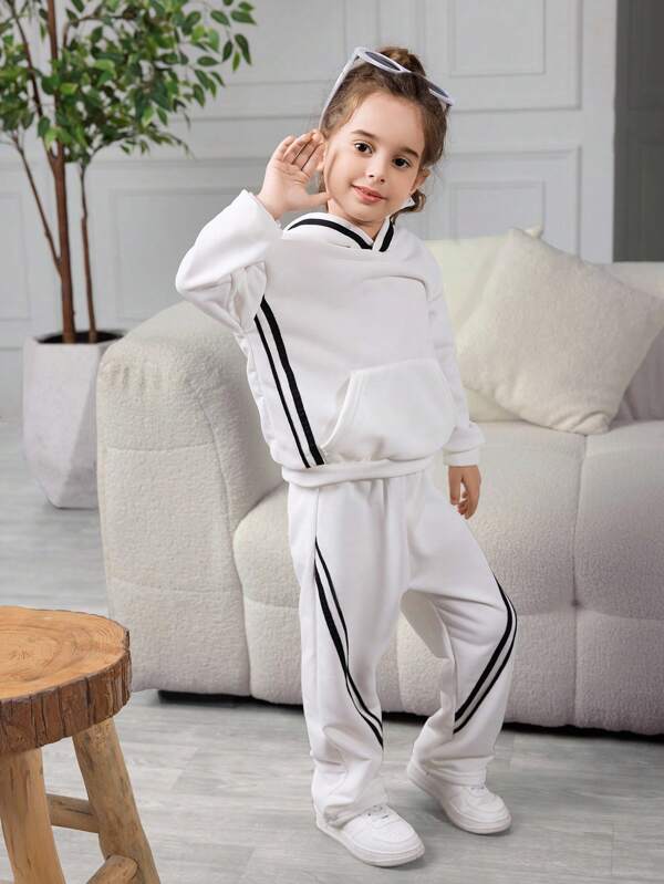 Conjunto de sudadera con capucha y pantalón de chándal informal con cinta y bolsillo lateral, con rayas de contraste, para niña, apto para otoño/primavera