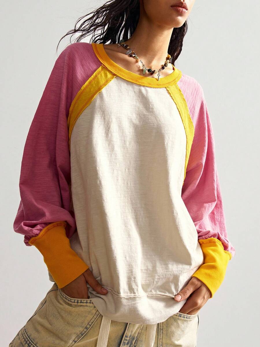 Bohemela 波西米亚风休闲针织拼色圆领宽松女式上衣 - 彩色 - 查看 1