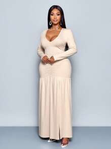 大码女式时尚纯色深 V 领褶皱修身优雅下摆高开衩长裙，日常穿着基本款纯色长袖连衣裙 - 杏色 - 查看 6