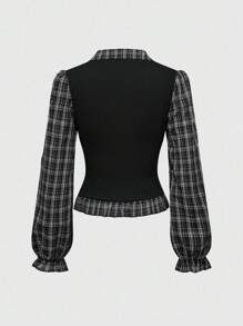 ROMWE Fall Women Skirts Back To School Gothic College Plaid Patchwork Mock 2 Pieces Women Long Sleeve Blouse