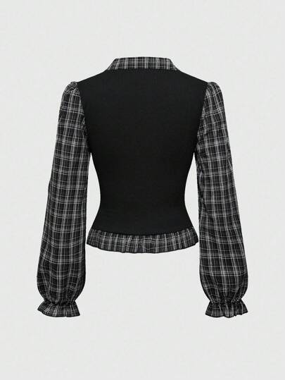 Goth Back To School Gothic College Plaid Patchwork Mock 2 Pieces Women Long Sleeve Blouse