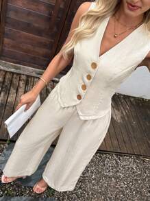 EMERY ROSE Damen Einfarbiger Weste & Hose Anzug Leinen Zwei-Teiler Set Sommer Hosenanzug Damen Leinen Sommer Set Gestreiftes Leinen Set Leinen Weste und Hose Set für Herbst/Winter