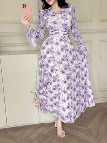 Feyla Robe femme élégante à imprimé floral all-over - Prune - Voir 6