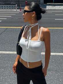 DAZY Camiseta de tirantes corta y ajustada de unicolor para mujer de verano - Blanco - Ver 6