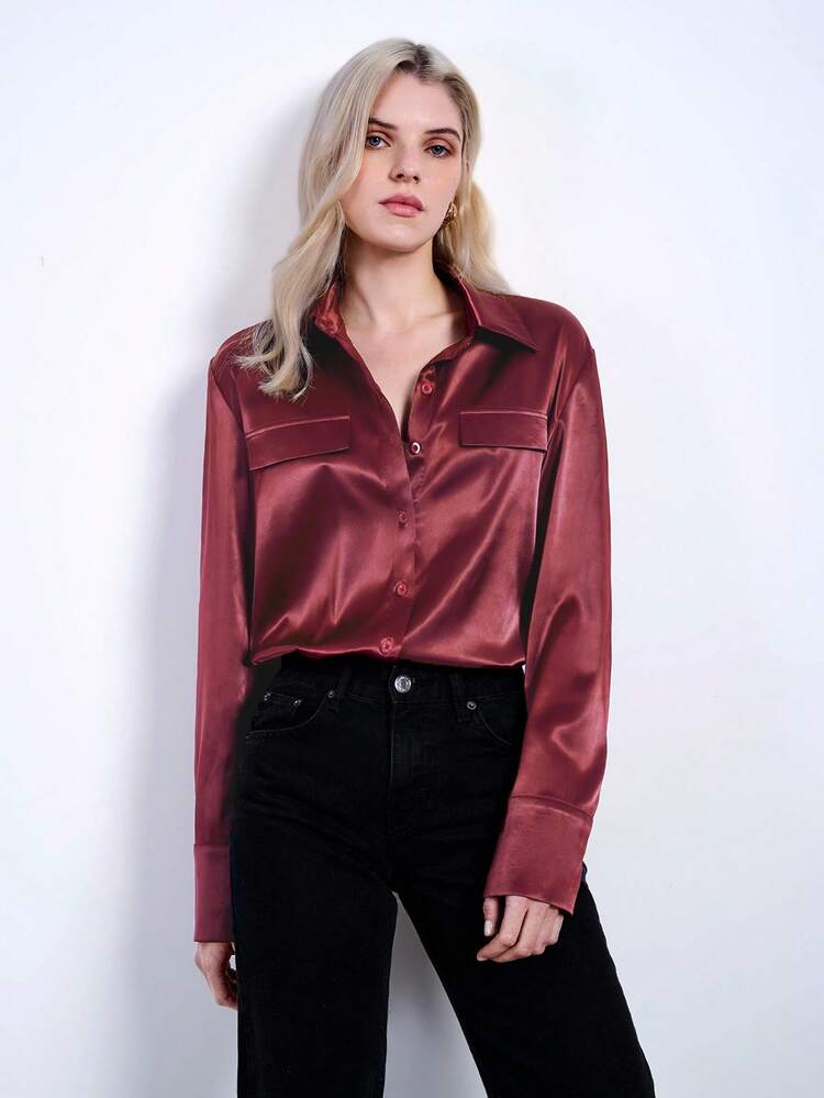 SHEIN Maija Chemise/Blouse décontractée pour femmes en tissu satin, manches longues, col claudine, boutonnage devant, poches avant, coupe ample, couleur vin rouge, pour le printemps précoce et les festivals