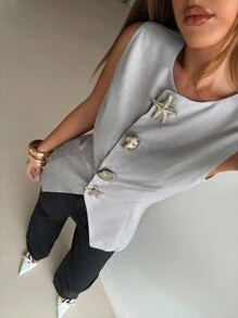 Aloruh 圆领无袖简约金属装饰女士办公室西装外套，秋冬商务休闲女士 - 灰色 - 查看 5