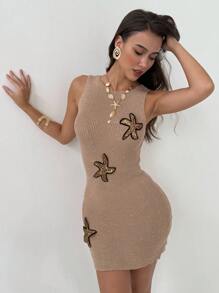 Aloruh Apricot V-Neck Sleeveless Bodycon Tassel Mini Beach Dress With Sea Star Print, Spring/Summer - Khaki - View 5