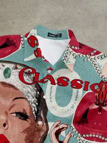 Manfinity EMRG Men's Vintage Poster Portrait Pattern Cropped Shirt, Suitable For Summer, Fashionable - Green - View 3