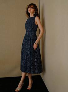 MOTF PREMIUM ALL OVER PRINT DENIM MIDI DRESS WITH BELT - Navy Blue - View 6