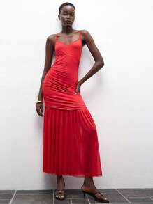 Lumivelle Women's Elegant Red Spaghetti Strap Long Dress With Ruched Bodice And Flowing Sheer Mermaid Hem, A Sophisticated Knitted Maxi For Evening Events. Summer Dress Clothes For University - Red - View 5