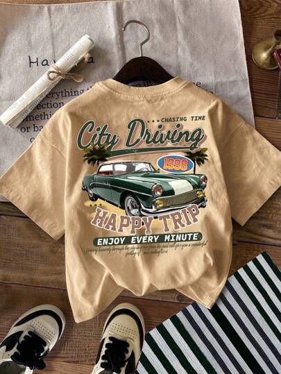 SHEIN Camisa de manga corta con cuello redondo y estampado minimalista de paisaje, adecuada para el verano, hecha de algodón, para niño joven