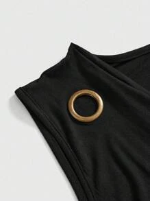 ROMWE Grunge Punk Áo ba lỗ khoen kim loại kiểu Punk cổ xẻ sâu ôm sát dành cho nữ - màu đen - Xem 3