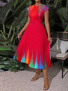 SHEIN Unity 夏季假日条纹拼色褶皱下摆长裙女装