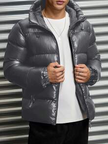 SHEIN Cottnline Men High Collar 2 Zipper Shiny Fabric Regular Padded Coat - Grey - View 4