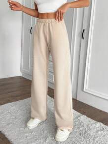 EURMUSE Women's Beige Casual Elastic Waist Detailed Wide Leg Sweatpants - Beige - View 4