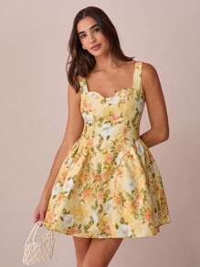 Enchnt Women's Elegant Floral Allover Print Mini Dress For Summer - Yellow - View 4