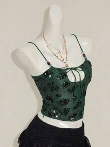 SHEIN ICON Sequin Embroidered Bead Decorated Women's Shiny Sequin Patchwork Camisole - Green - View 8