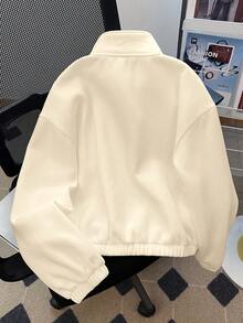 SHEIN 少女纯色落肩拉链半开襟休闲运动衫 - 杏色 - 查看 2
