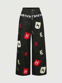 ROMWE Street Life Quần jeans cạp trễ dáng rộng thêu túi phong cách đường phố Y2K - màu đen - Xem 1