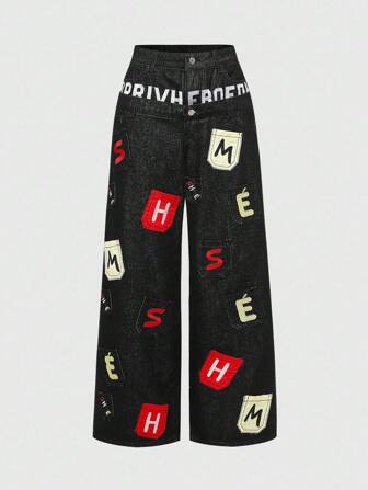 Street Life Jeans de cintura baja holgados con diseño de doble cintura y bolsillo con bordado, estilo de ropa callejera Y2K