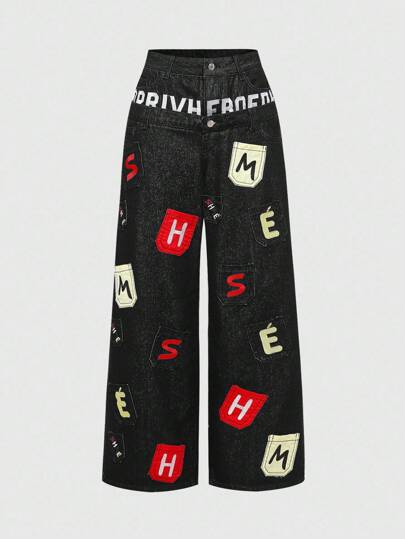 Street Life Y2K Streetwear Jeans mit bestickter Tasche und doppeltem Taillenbund, locker geschnitten mit niedriger Taille