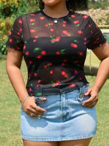 GalTyme Plus Size Women Cherry Print Round Neck Short Sleeve Fitted Blouse - Multicolor - View 3