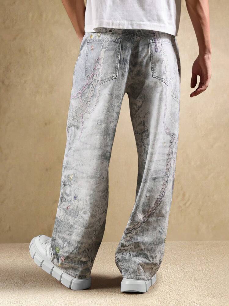Wide Leg Distressed Jeans With Chain Print Pattern