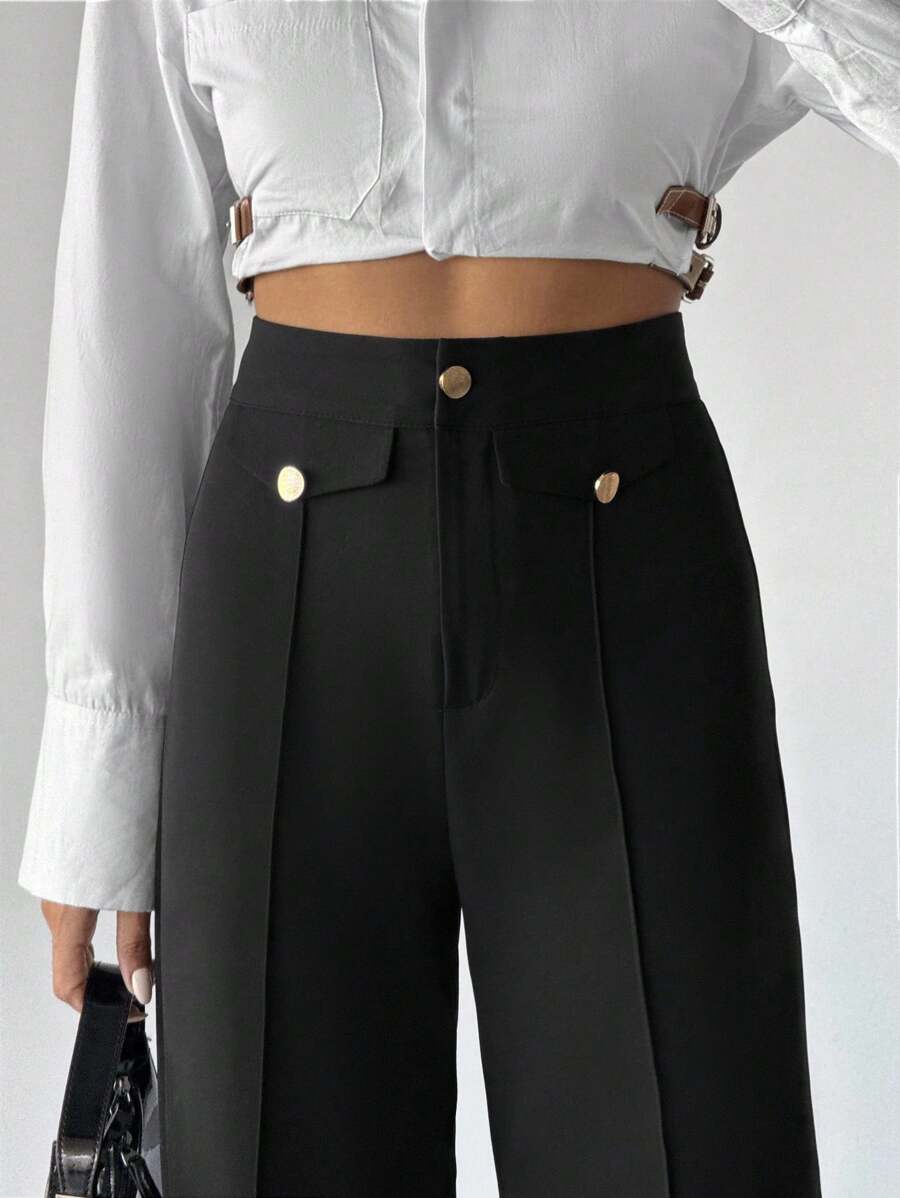 EURMUSE Damskie spodnie casualowe z prostymi nogawkami i metalowymi guzikami w jednolitym kolorze