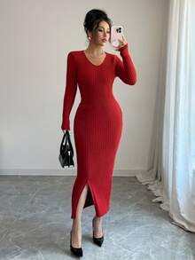 Elenzga 2pcs/Set Women Casual Solid Color Knitted Sweater And Skirt Set Fall Winter Cloth For Women - Burgundy - View 2