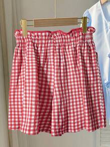 SHEIN MOOSTA Quần short kẻ caro rộng rãi có túi đôi thắt eo mùa hè dành cho nữ cỡ lớn - Nhiều màu - Xem 2