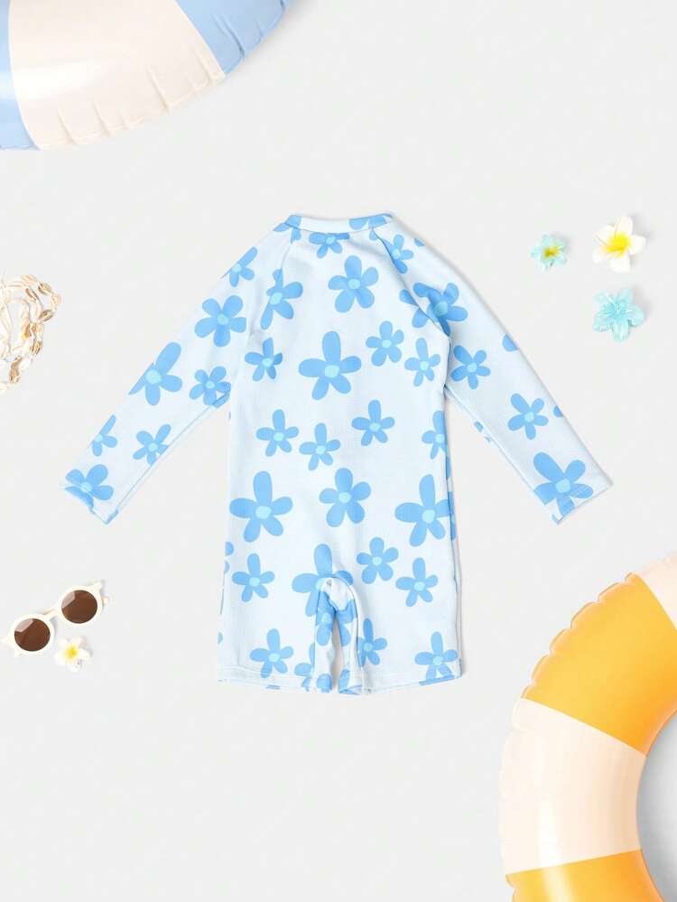 Long Sleeve Floral Print Swimsuit With Front Zipper
