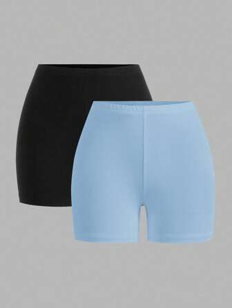 Muchica 2 件黑色和浅蓝色休闲针织修身短款女式紧身裤，夏季