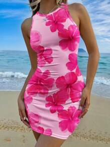 SHEIN EZwear Vestido de verano para mujer de corte ajustado hasta la pantorrilla, sin mangas, con estampado floral rosado en todo el diseño, de estilo casual y minimalista - Multicolor - Ver 5