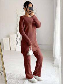 EURMUSE 100%Cotton Drop Shoulder Split Hem Tee & Pants - Dusty Pink - View 5