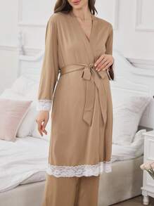 SHEIN Maternity 3pcs Set: Striped Print Cami Top & Pants & Lace-Trimmed Robe For Pregnant Women, Fall Winter Clothes