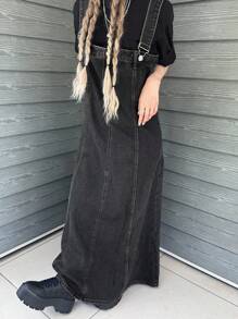 FRIFUL 女式休闲水洗加长牛仔连衣裙 - 黑色 - 查看 7