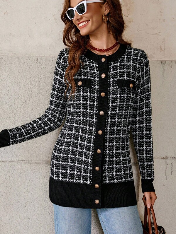 SHEIN Clasi Cardigan cu mânecă lungă în carouri pentru damă, decorat cu nasturi, pulover elegant de toamnă Cardigan pentru femei, topuri cu mânecă lungă